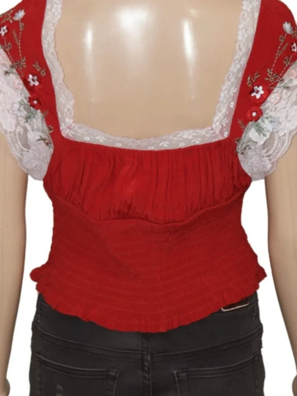 Free People Floral Embroidered Smocked Ruched Red Blouse Top XS